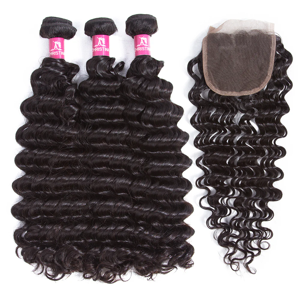 Deep Wave Brazilian Hair 3 Bundles With 4*4 Lace Closure 10A Human Hair Extensions-Amanda Hair - Image 3