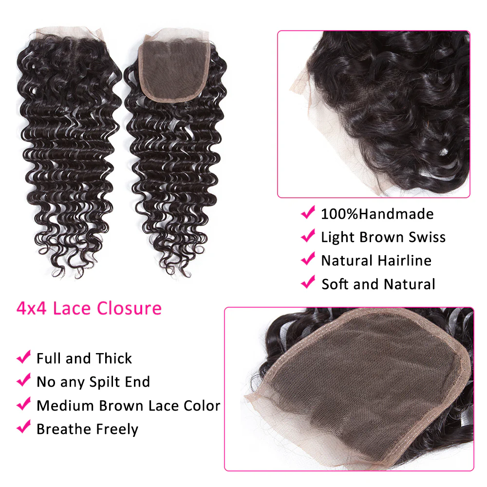 Deep Wave Brazilian Hair 3 Bundles With 4*4 Lace Closure 10A Human Hair Extensions-Amanda Hair - Image 7