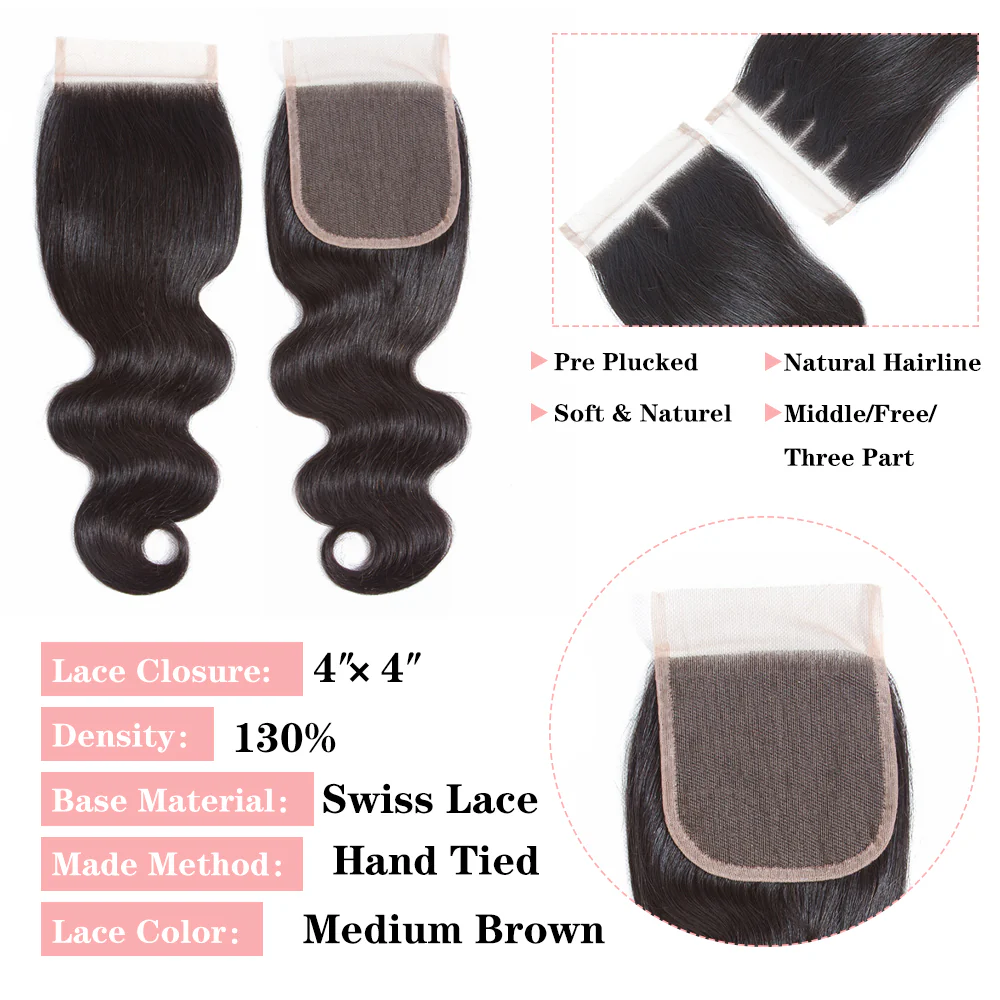 Brazilian Body Wave 4 Bundles With 4*4 Lace Closure 10A Grade 100% Remi Human Hair - Amanda Hair - Image 6