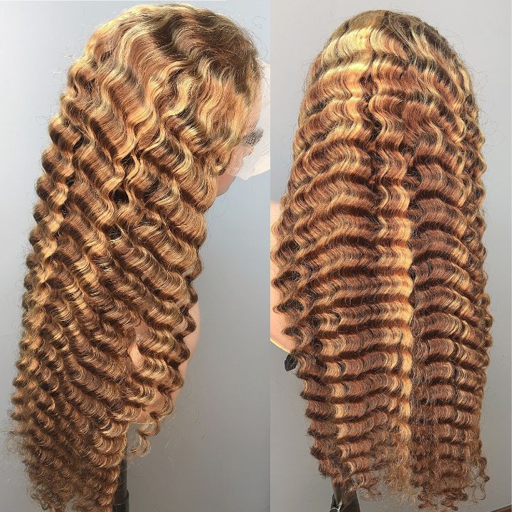 Glueless Loose Deep Wave Wigs Natural Color & Highlight Blonde Virgin Human Hair Clear Transparent  Lace Front Wig Pre Plucked Hairline 180% Density - Amanda Hair - Image 4