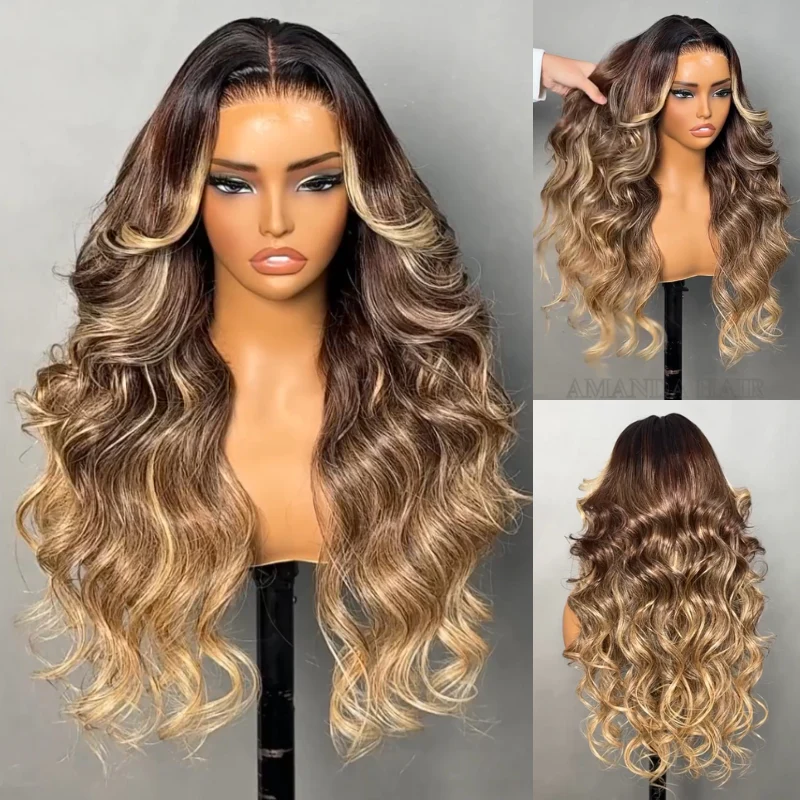 Amanda Highlight Honey Blonde Mix Brown Loose Wave Glueless 13x4 HD Transparent Pre Everything Lace Front Human Wigs - Image 3
