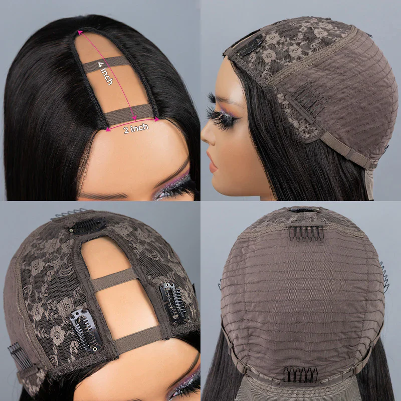 U Part Shape Leave Out Glueless Wigs Remy Brazilian Hair Straight Wig For Black Women 150% Density - Amanda Hair - Image 4