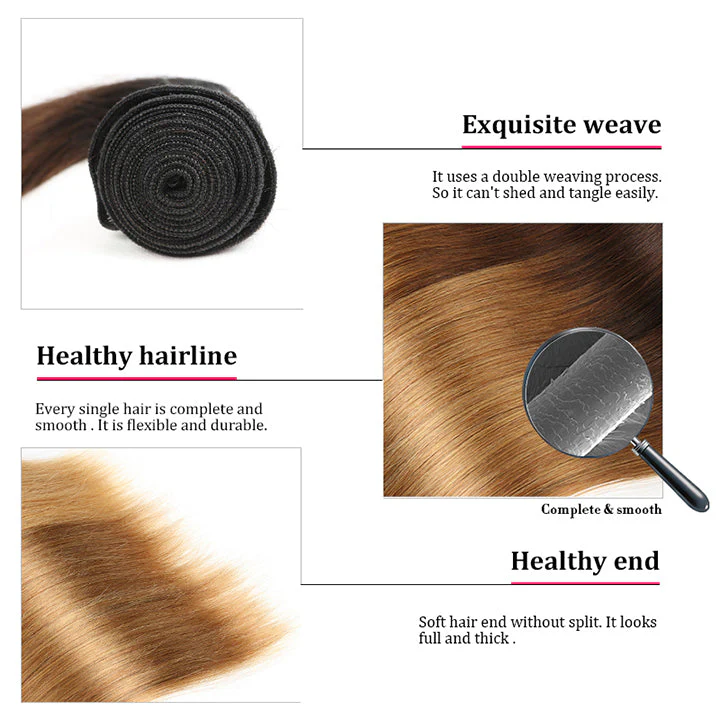 Blonde Human Hair 3 Bundles With Closure 3Tone (T1b/4/27) 100% Real Straight Human Hair Extensions - Image 4