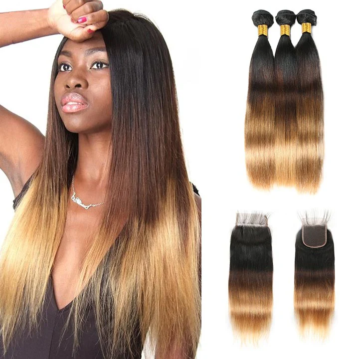 Blonde Human Hair 3 Bundles With Closure 3Tone (T1b/4/27) 100% Real Straight Human Hair Extensions - Image 5