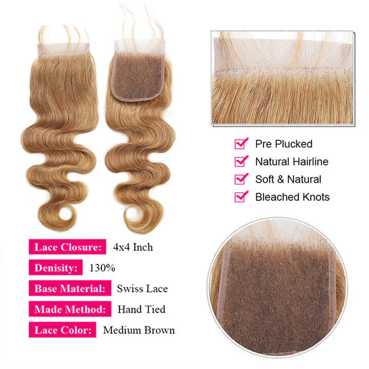 Body Wave 3 Bundles With Lace Closure Brazilian Human Hair  Honey Blonde #27-AmandaHair - Image 3