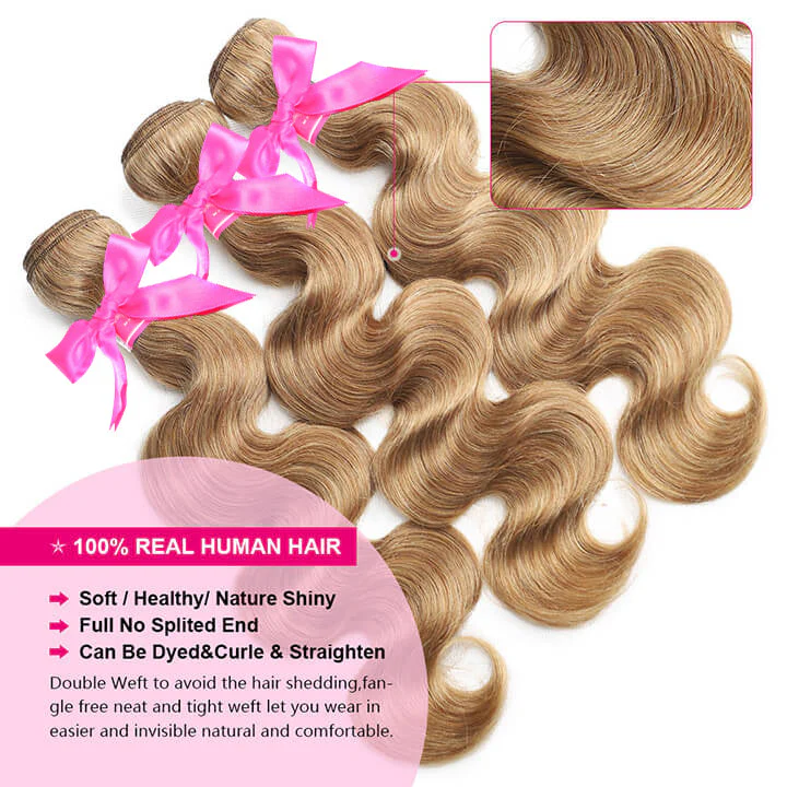 Body Wave 3 Bundles With Lace Closure Brazilian Human Hair  Honey Blonde #27-AmandaHair - Image 4