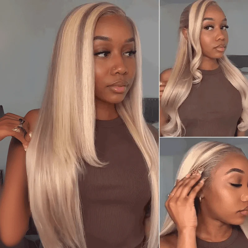 Blonde Highlight Champagne Color 13x4 HD Transparent Lace 613 Body Wave / Straight Human Hair Wigs 180% Density - Image 5