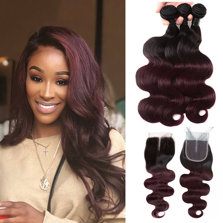 Brazilian Body Wave Hair Bundles With Closure Ombre Burgundy  100% Real Human Hair Extensions - Image 4