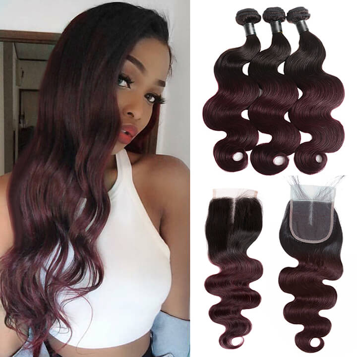 Brazilian Body Wave Hair Bundles With Closure Ombre Burgundy  100% Real Human Hair Extensions - Image 5