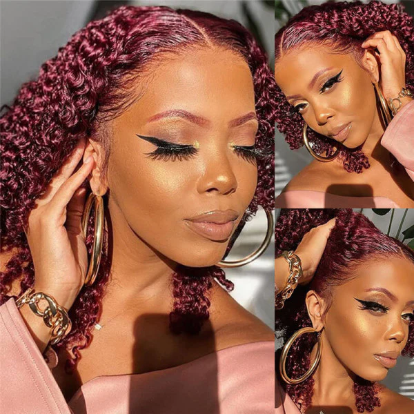 Burgundy 99J Color Jerry Curly 13x4 Pre Everything Put On And Go HD Transparent Lace Human Hair Wig - Amanda Hair - Image 3