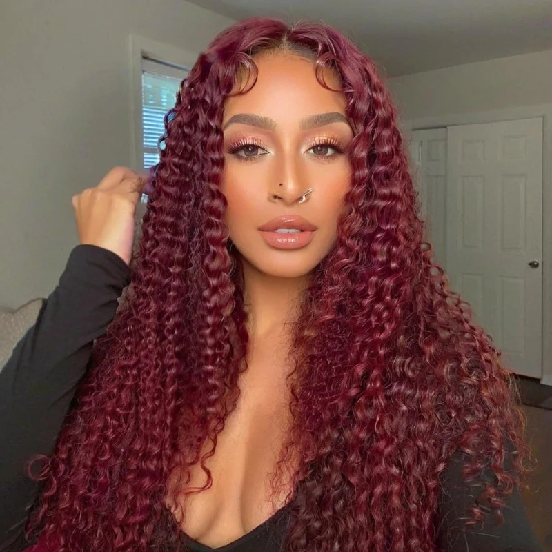 Burgundy 99J Color Jerry Curly 13x4 Pre Everything Put On And Go HD Transparent Lace Human Hair Wig - Amanda Hair - Image 4