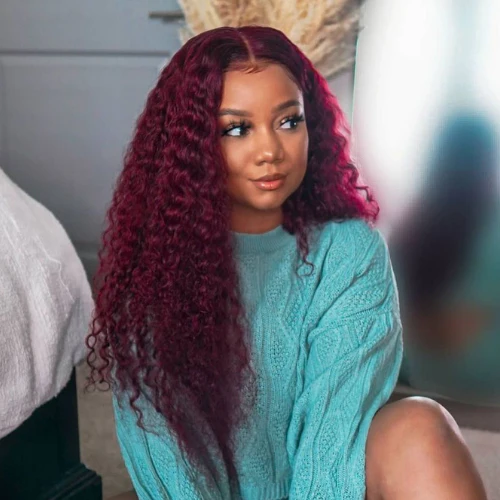 Burgundy 99J Color Jerry Curly 13x4 Pre Everything Put On And Go HD Transparent Lace Human Hair Wig - Amanda Hair - Image 5