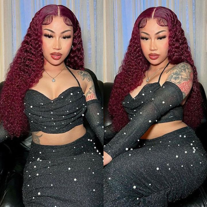 99J Burgundy Lace Front Wig Curly Colored HD Transparent Lace Human Hair Wigs Flash Sale - Amanda Hair - Image 3