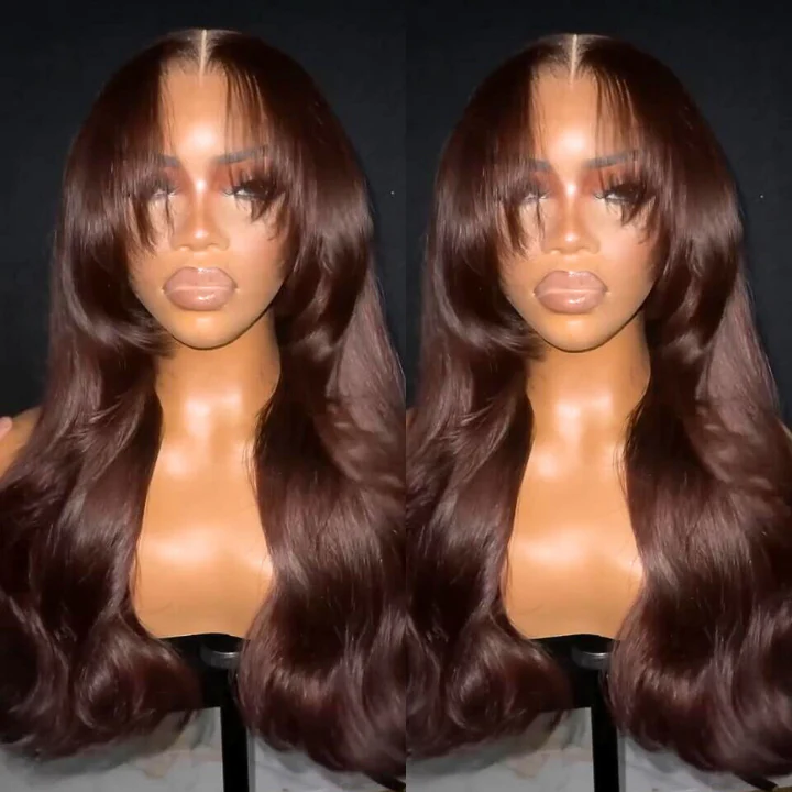 Dark Reddish Brown Glueless Body Wave Natural Curtain Bangs HD Transparent Lace Front Wigs For Women-Amanda Hair - Image 3