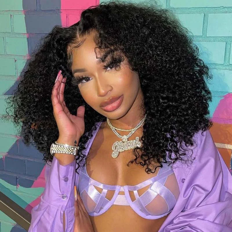 Buy 1 Get 1 Free Glueless Thick Fluffy Afro Curly Human Hair Bob Wigs - Image 3