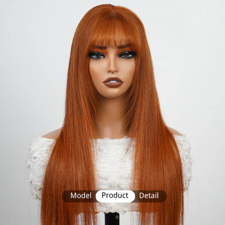 Ginger Human Hair Transparent Glueless Lace Front Straight Orange Colored Wigs with Bangs-Amanda Hair - Image 3