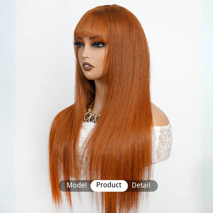 Ginger Human Hair Transparent Glueless Lace Front Straight Orange Colored Wigs with Bangs-Amanda Hair - Image 4