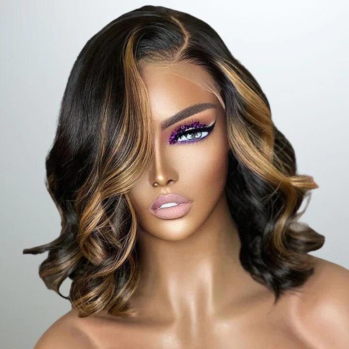 Glueless Highlight Honey Blonde Short Wavy 13x4 Lace Front Bob Wig Glueless Lace Human Hair Wig 180% Density - Amanda Hair - Image 3
