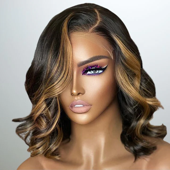 Glueless Highlight Honey Blonde Short Wavy 13x4 Lace Front Bob Wig Glueless Lace Human Hair Wig 180% Density - Amanda Hair - Image 4