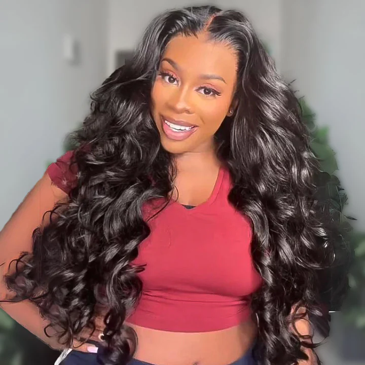 Double Drawn 3D Loose Wave Virgin Human Hair Transparent Full Lace Front Glueless Wig with Curtain Bangs Flash Sale - Image 5