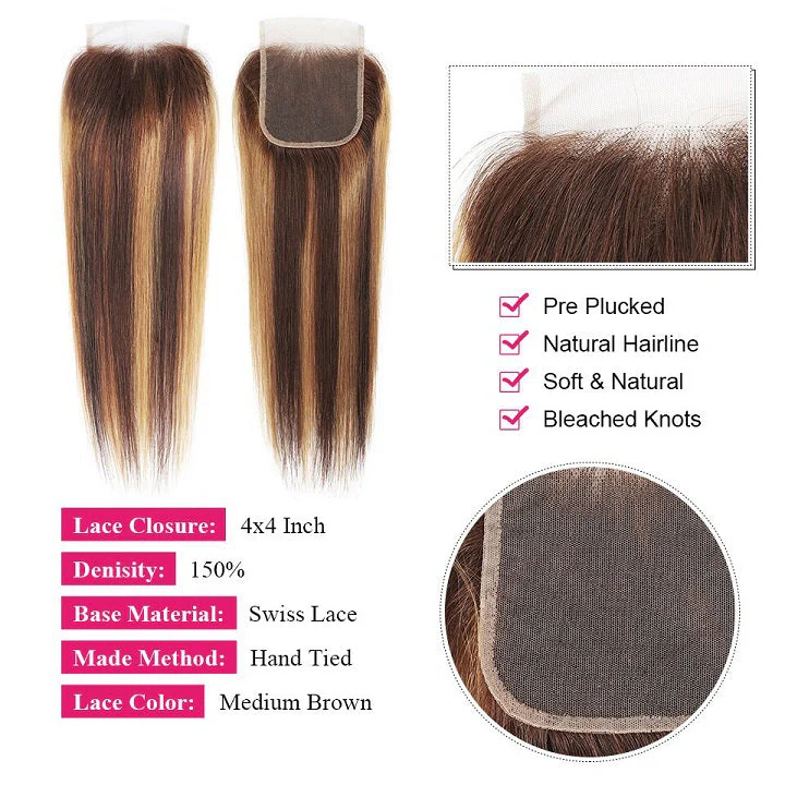 Highlight Brown 3 Bundles Straight Human Hair With Closure Ombre Honey Blonde -Amandahair - Image 3