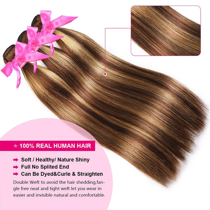 Highlight Brown 3 Bundles Straight Human Hair With Closure Ombre Honey Blonde -Amandahair - Image 4