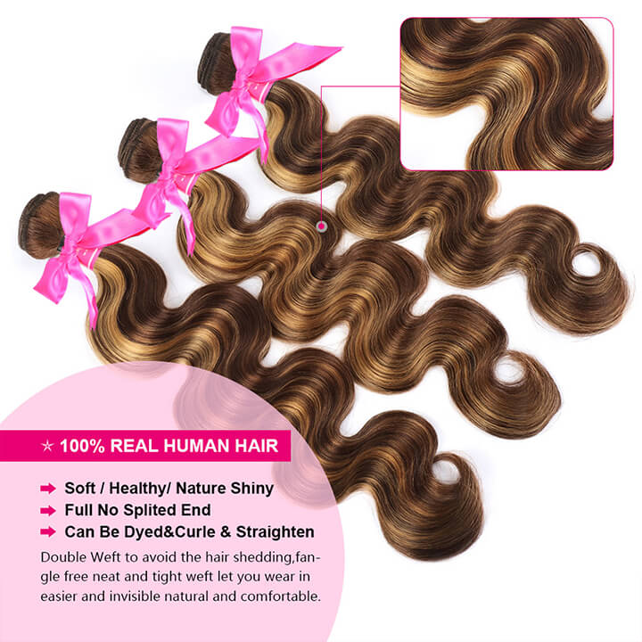 Highlight Brown Body Wave Human Brazilian Hair Bundles With Closure Ombre Honey Blonde Closure With Bundles - Image 3
