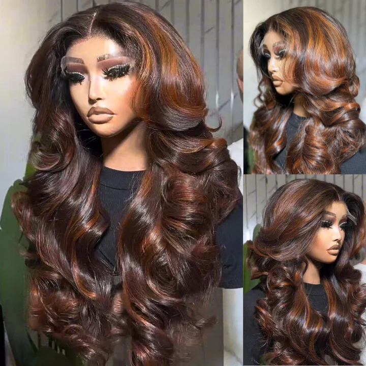Highlight Brown 7x5/13x4 Full Lace Loose Wave Wigs with Curtain Bangs Human Hair Undetectable Clear Transparent Lace Wigs - Amanda Hair - Image 3