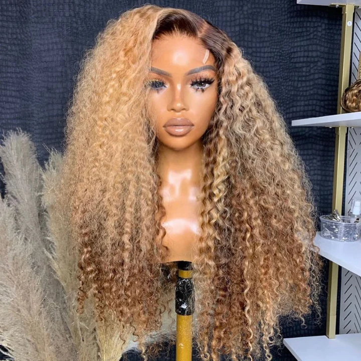 Highlight Color Honey Blonde Curly HD Transparent Full Lace Front Wig With Brown Roots- Amanda Hair - Image 3
