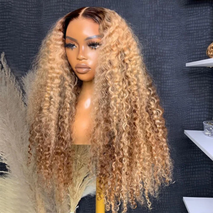 Highlight Color Honey Blonde Curly HD Transparent Full Lace Front Wig With Brown Roots- Amanda Hair - Image 4