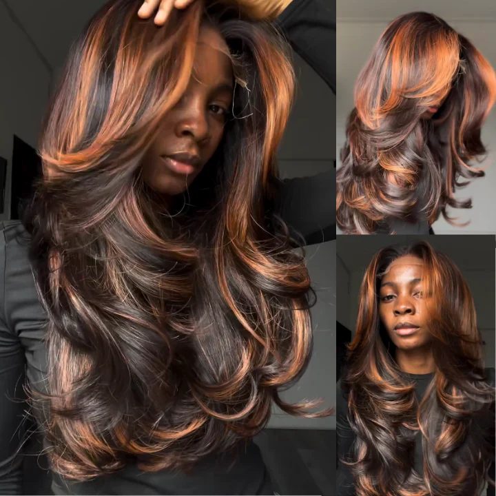 Highlight Ginger Brown 6x4/13x4 Lace Loose Wave Wigs with Curtain Bangs Human Hair Undetectable Clear Transparent Lace Wigs - Image 3