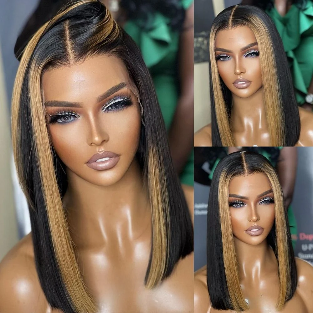 Highlight Light Brown Short Bob Straight Glueless 13x4 Full Lace Front Human Hair Wig - Amanda Hair - Image 3