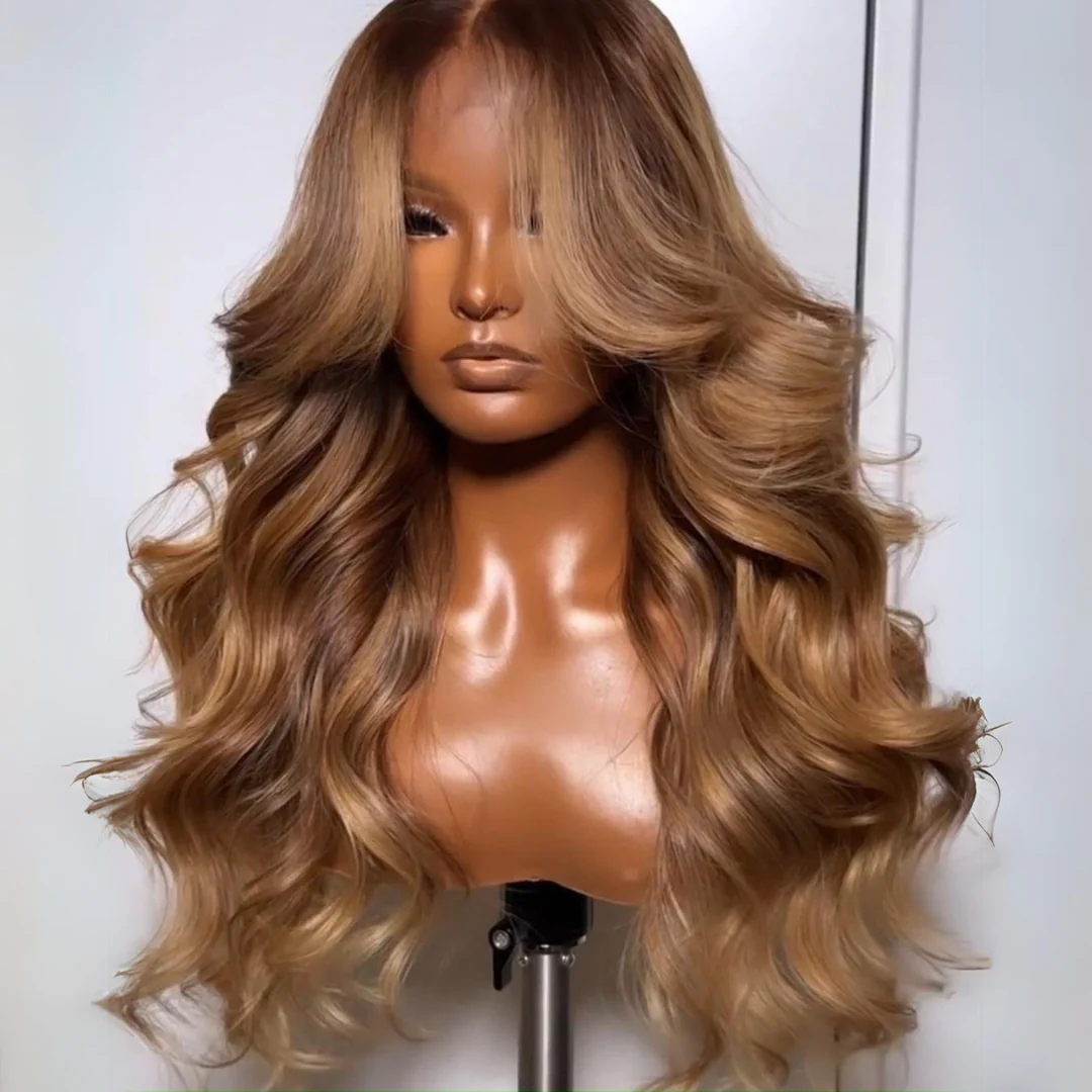 Highlights Brown with Blonde Glueless Loose Wave Natural Curtain Bangs Hair Clear Transparent Lace Front Wigs For Women-Amanda Hair - Image 3