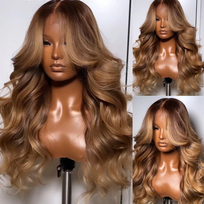 Highlights Brown with Blonde Glueless Loose Wave Natural Curtain Bangs Hair Clear Transparent Lace Front Wigs For Women-Amanda Hair - Image 4
