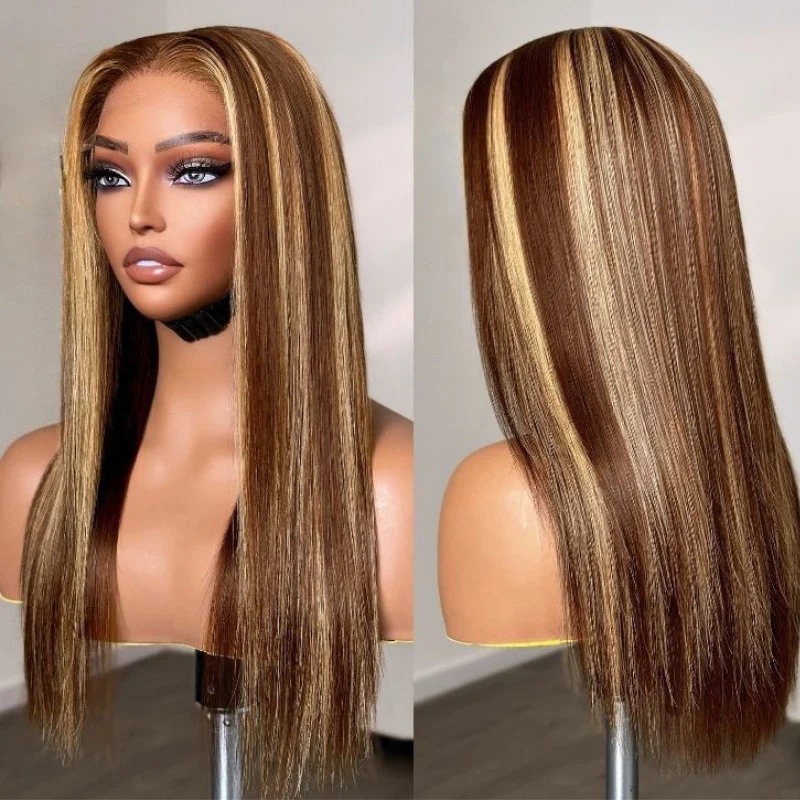 Honey Blonde Highlight Wig Straight Glueless Put On and Go Lace Front Human Hair Wigs 180% Density - Image 3