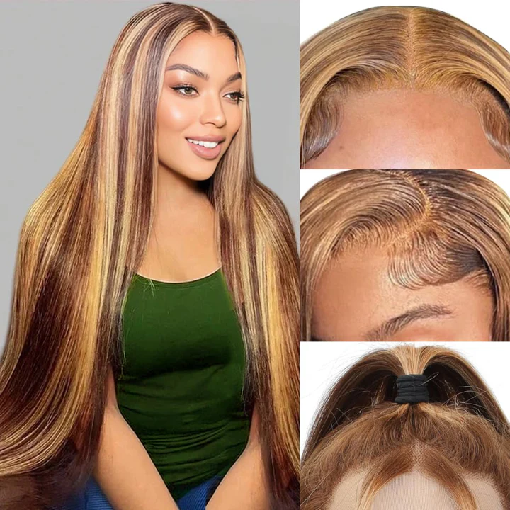 Honey Blonde Highlight Wig Straight Glueless Put On and Go Lace Front Human Hair Wigs 180% Density - Image 4