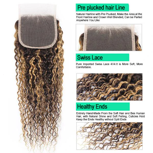 Kinky Curly Hair With Closure 3 Bundles With Closure Brown Ombre Honey Blonde Brazilian Hair Extensions  (P4/27) - Image 3