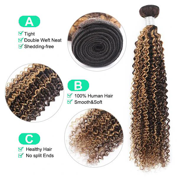 Kinky Curly Hair With Closure 3 Bundles With Closure Brown Ombre Honey Blonde Brazilian Hair Extensions  (P4/27) - Image 4