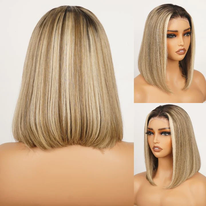 Ombre Ash Blonde Straight Short Bob 180% Density Transparent Lace Frontal Glueless Wigs Flash Sale -Amanda Hair - Image 4