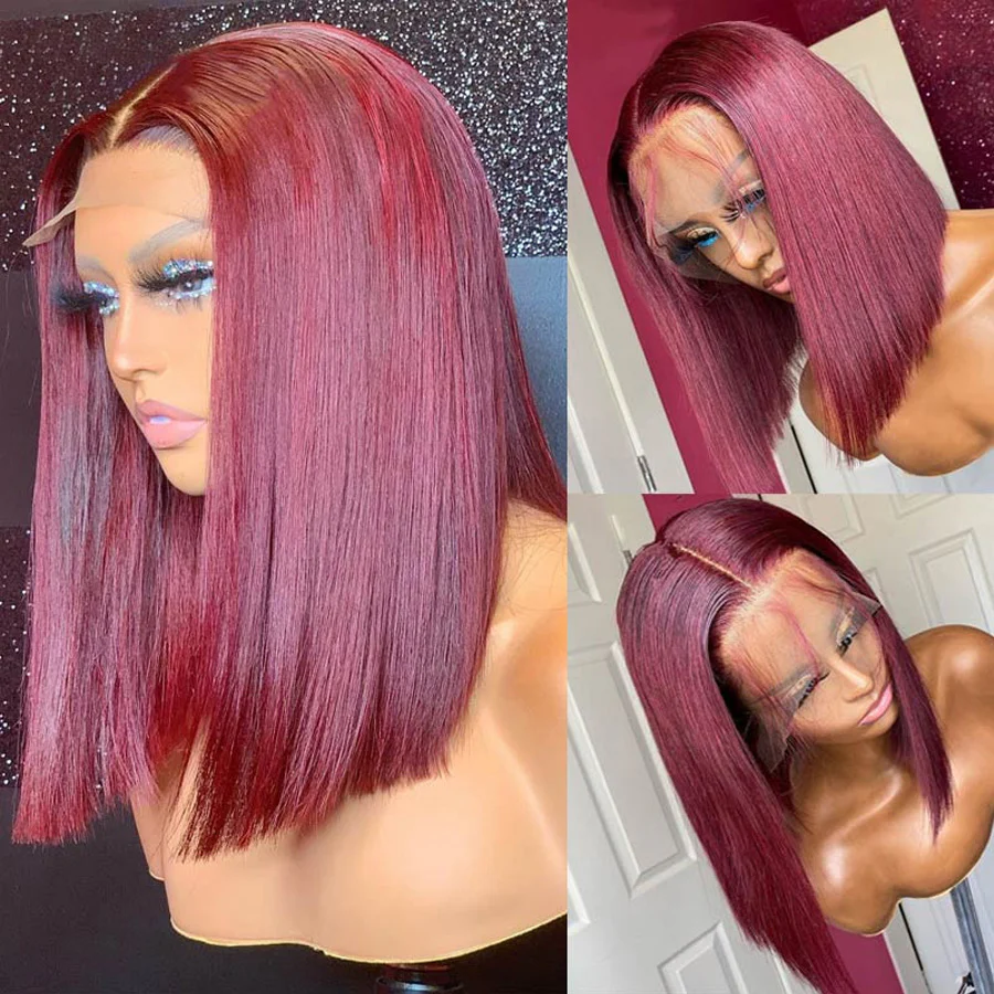 Short Bob 13x4 Lace Front Wig Burgundy 99J Straight Bob Wig 100% Human Hair For Black Women-Amanda Hair - Image 3