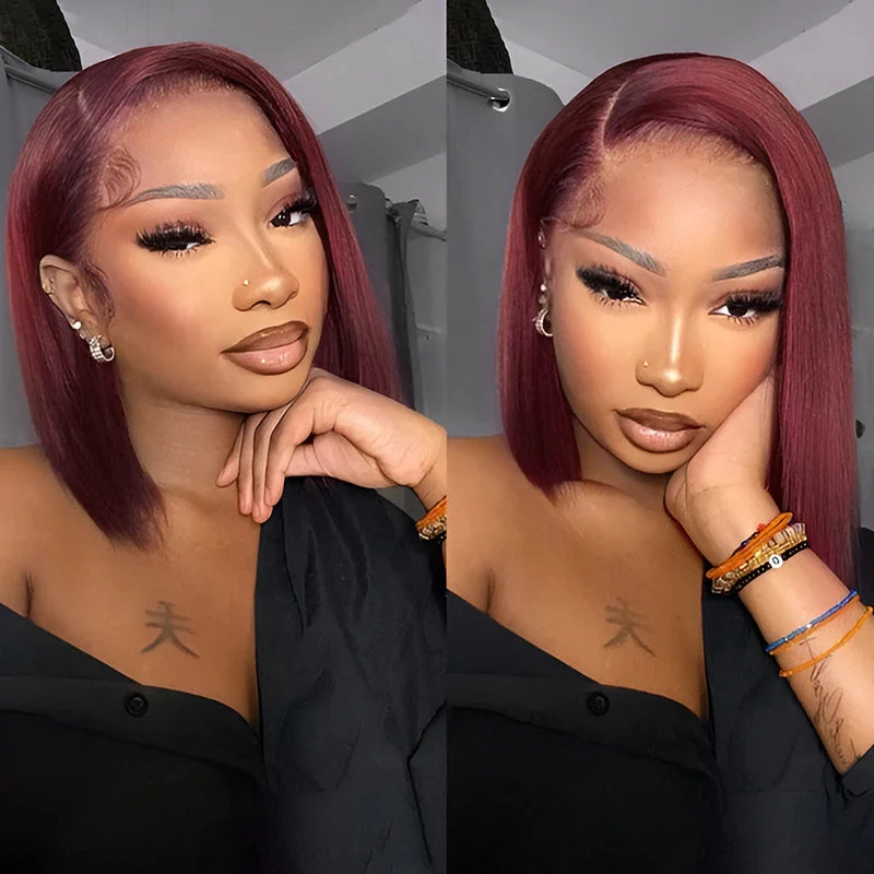 Short Bob 13x4 Lace Front Wig Burgundy 99J Straight Bob Wig 100% Human Hair For Black Women-Amanda Hair - Image 4