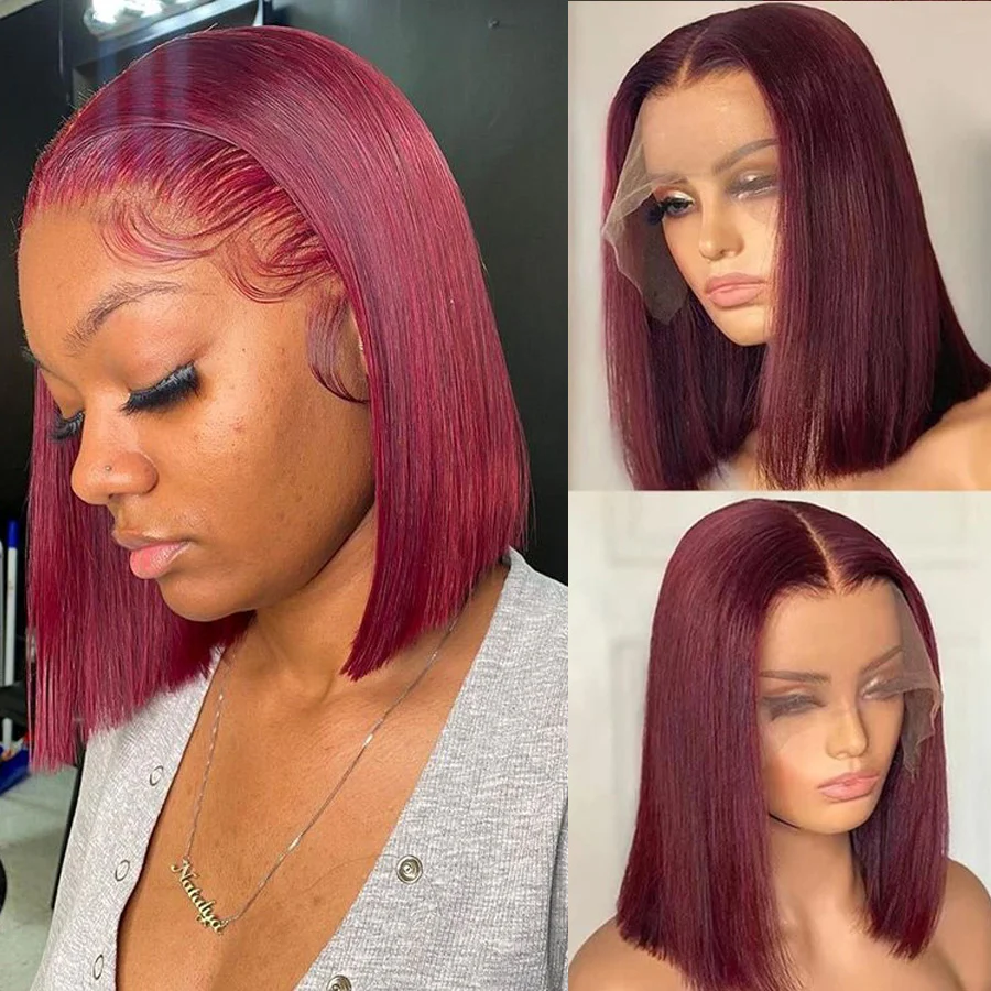 Short Bob 13x4 Lace Front Wig Burgundy 99J Straight Bob Wig 100% Human Hair For Black Women-Amanda Hair - Image 7